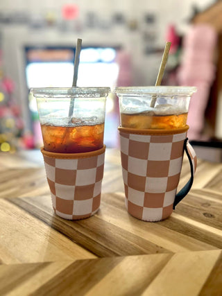 Iced Coffee Coolies- Tan Checkered