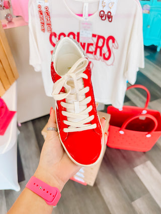 Crimson Glitter Leather Star Sneakers