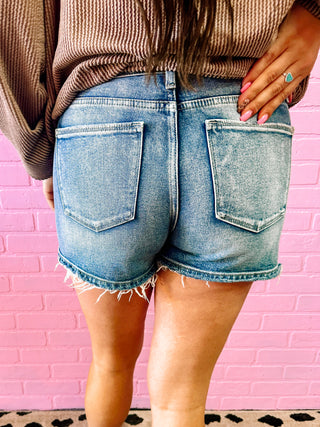 High Rise Denim Shorts With Frayed Hem