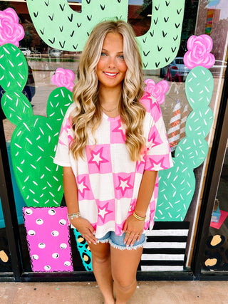 Pink Star Girl Checkered Top