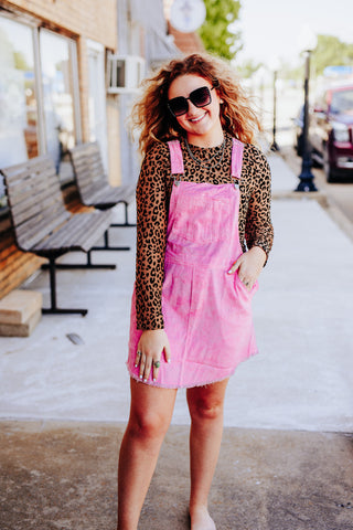 Candy Pink Denim Overall Dress