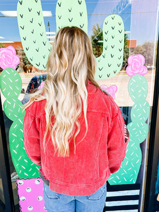 Corduroy Jacket With Sequin Footballs- RED