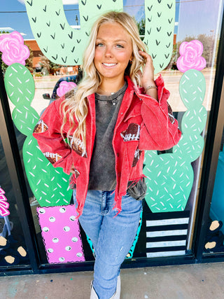 Corduroy Jacket With Sequin Footballs- RED